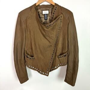 Neiman Marcus Exclusive Womens Suede Leather Jacket Grommet-Trim Brown Sz Large